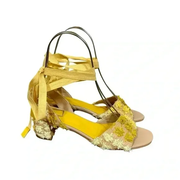 Jigsaw Mysha Raffia Pom Pom Lace Up Tie Low Heel Sandals