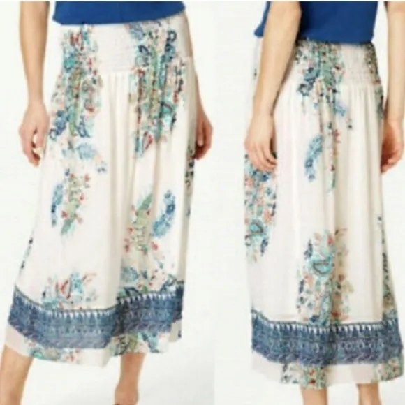 Jill Women's Cream Hand Paisley Smocked-Waist Skirt  Sz L