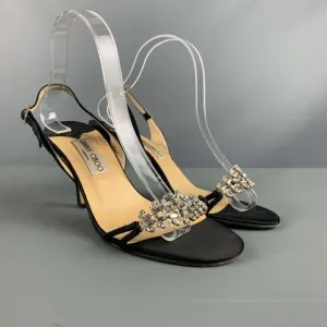 JIMMY CHOO Black Satin Embellishment Slingback Sandals