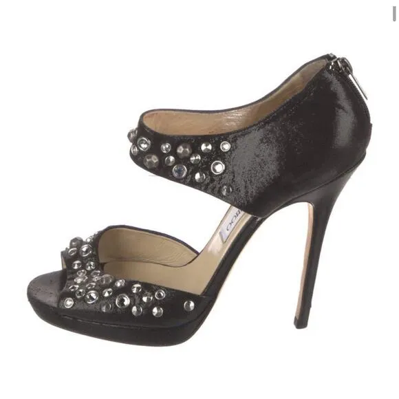 Jimmy Choo Black Studded Leather Bonnie Back Zip Platform Sandals Size EU 39.5