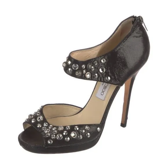 Jimmy Choo Black Studded Leather Bonnie Back Zip Platform Sandals Size EU 39.5
