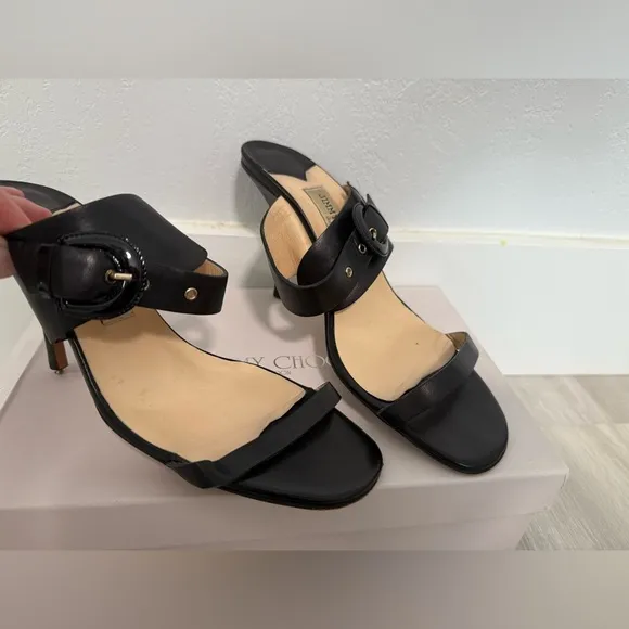 JIMMY CHOO EU 40 Open Toe Ankle Strap BLACK LEATHER SANDALS Heels US 9-9.5 Italy