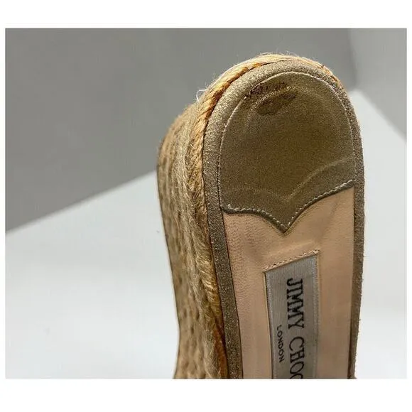 Jimmy Choo Gold Metallic Strappy Slip-On Platform Sandal Woven Wedges Sz 42
