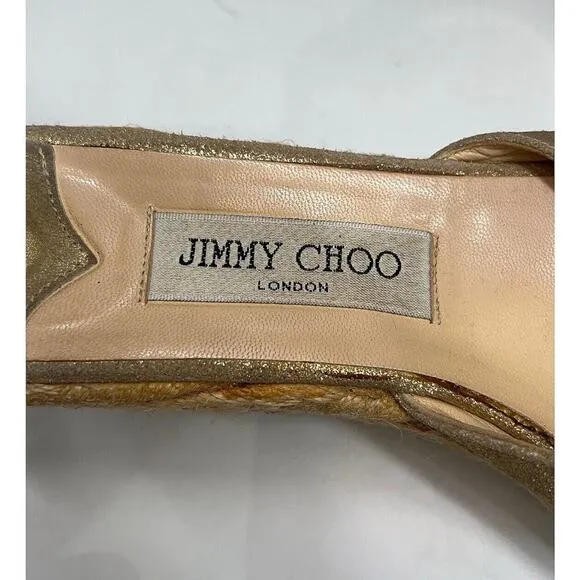 Jimmy Choo Gold Metallic Strappy Slip-On Platform Sandal Woven Wedges Sz 42
