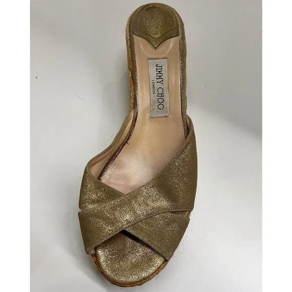 Jimmy Choo Gold Metallic Strappy Slip-On Platform Sandal Woven Wedges Sz 42