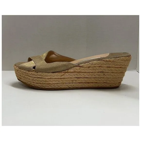 Jimmy Choo Gold Metallic Strappy Slip-On Platform Sandal Woven Wedges Sz 42