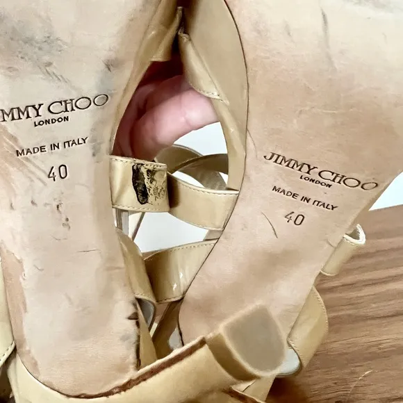 Jimmy Choo Louisa tan patent leather platform sandals criss cross 40 / 10