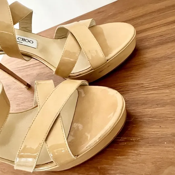 Jimmy Choo Louisa tan patent leather platform sandals criss cross 40 / 10