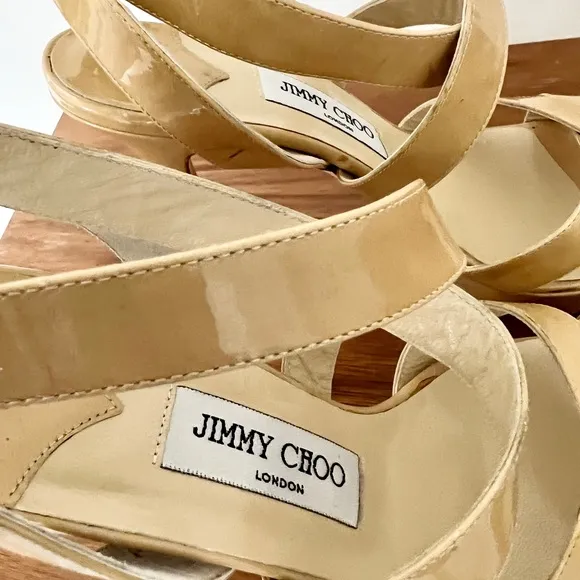 Jimmy Choo Louisa tan patent leather platform sandals criss cross 40 / 10