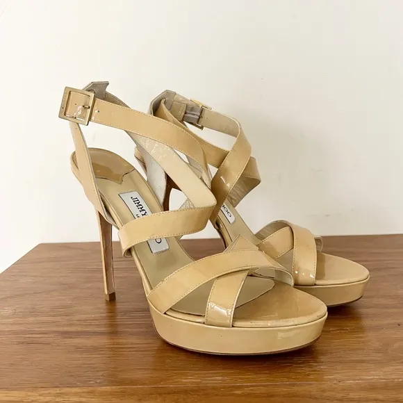 Jimmy Choo Louisa tan patent leather platform sandals criss cross 40 / 10