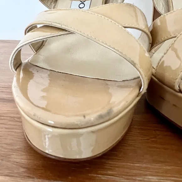 Jimmy Choo Louisa tan patent leather platform sandals criss cross 40 / 10