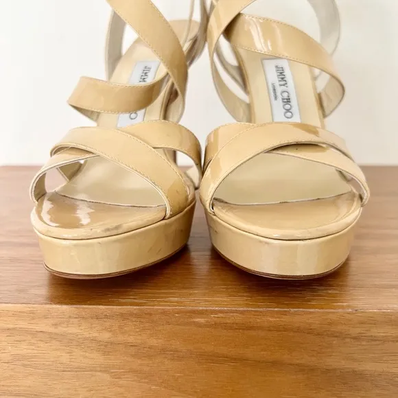 Jimmy Choo Louisa tan patent leather platform sandals criss cross 40 / 10
