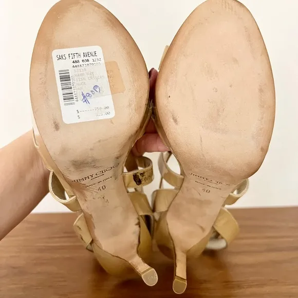 Jimmy Choo Louisa tan patent leather platform sandals criss cross 40 / 10