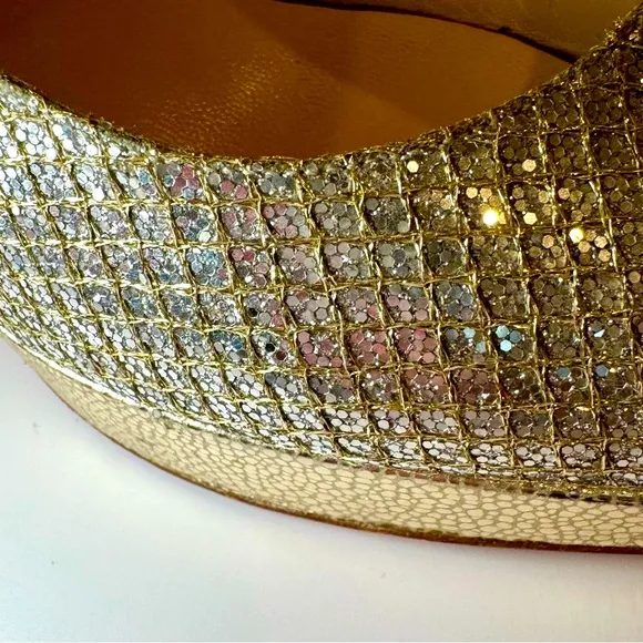 Jimmy Choo Nova Metallic Platinum Gold Sequin Peep Toe Slingback Pumps S…