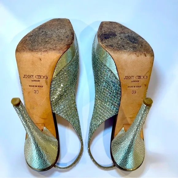 Jimmy Choo Nova Metallic Platinum Gold Sequin Peep Toe Slingback Pumps S…