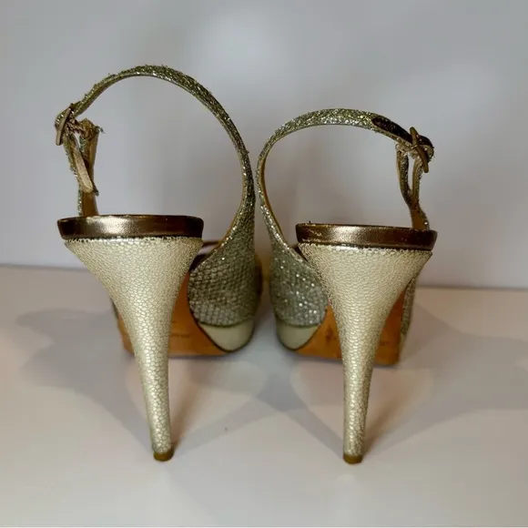 Jimmy Choo Nova Metallic Platinum Gold Sequin Peep Toe Slingback Pumps S…