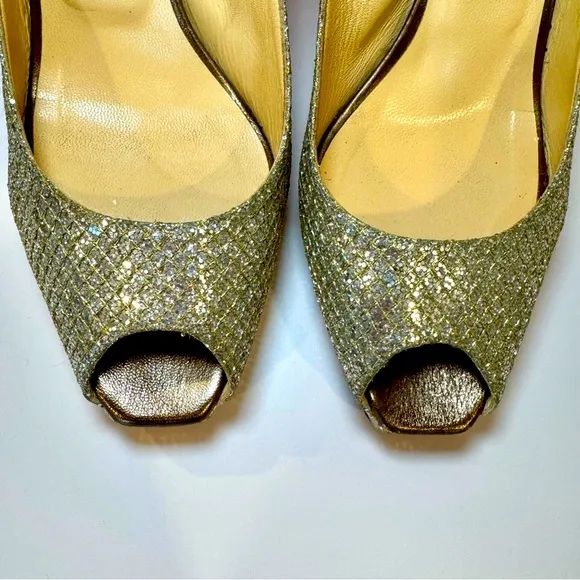Jimmy Choo Nova Metallic Platinum Gold Sequin Peep Toe Slingback Pumps S…