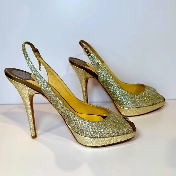 Jimmy Choo Nova Metallic Platinum Gold Sequin Peep Toe Slingback Pumps S…