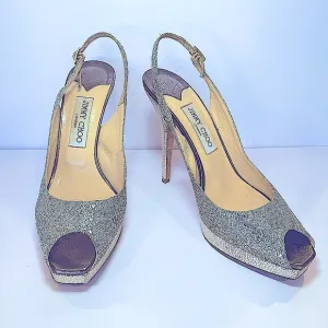 Jimmy Choo Nova Metallic Platinum Gold Sequin Peep Toe Slingback Pumps S…