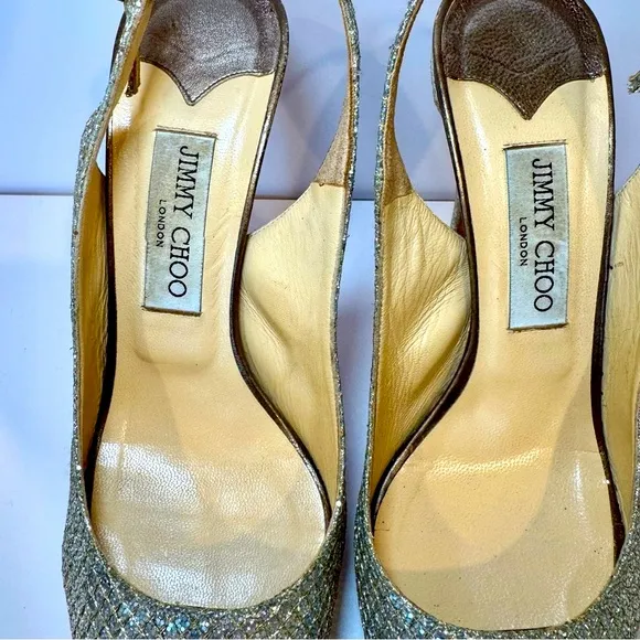 Jimmy Choo Nova Metallic Platinum Gold Sequin Peep Toe Slingback Pumps S…