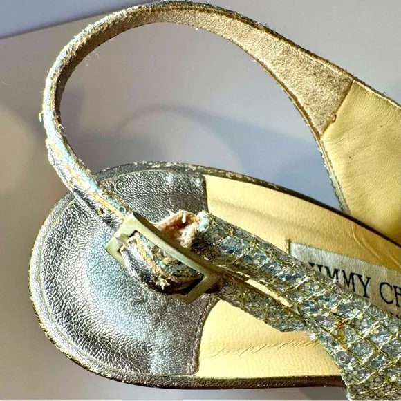 Jimmy Choo Nova Metallic Platinum Gold Sequin Peep Toe Slingback Pumps S…