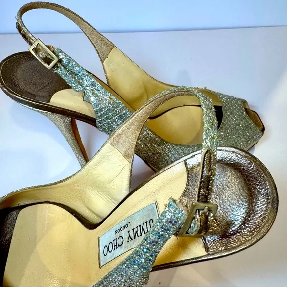 Jimmy Choo Nova Metallic Platinum Gold Sequin Peep Toe Slingback Pumps S…