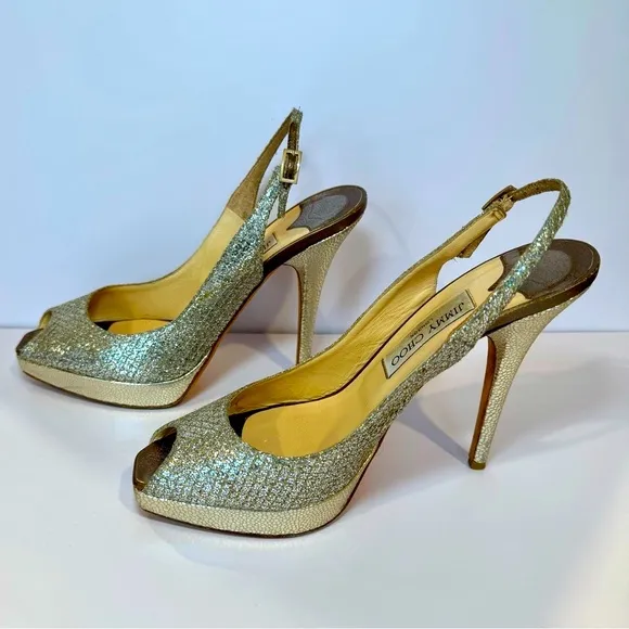 Jimmy Choo Nova Metallic Platinum Gold Sequin Peep Toe Slingback Pumps S…