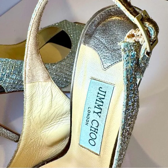 Jimmy Choo Nova Metallic Platinum Gold Sequin Peep Toe Slingback Pumps S…