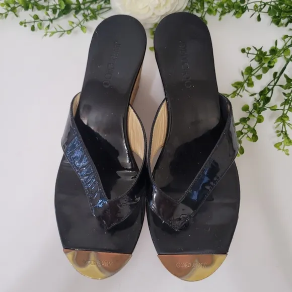 Jimmy Choo patent leather black thong slip-on cork wedge sandals women's size 38