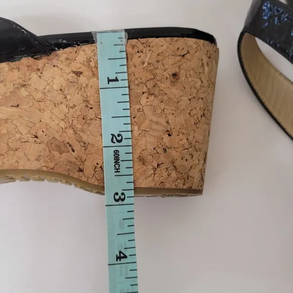 Jimmy Choo patent leather black thong slip-on cork wedge sandals women's size 38