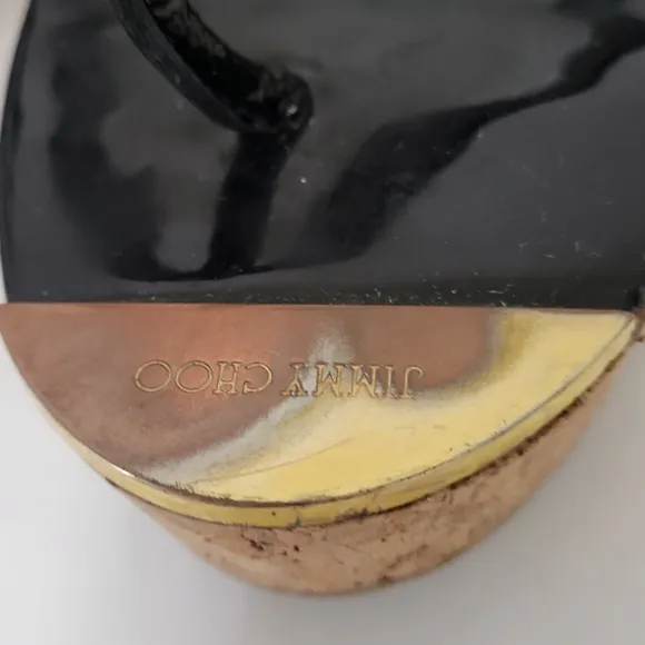 Jimmy Choo patent leather black thong slip-on cork wedge sandals women's size 38