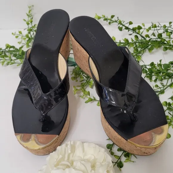 Jimmy Choo patent leather black thong slip-on cork wedge sandals women's size 38