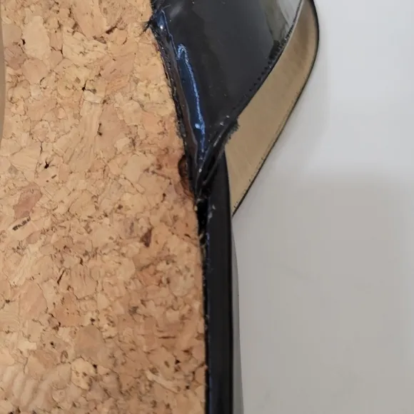 Jimmy Choo patent leather black thong slip-on cork wedge sandals women's size 38