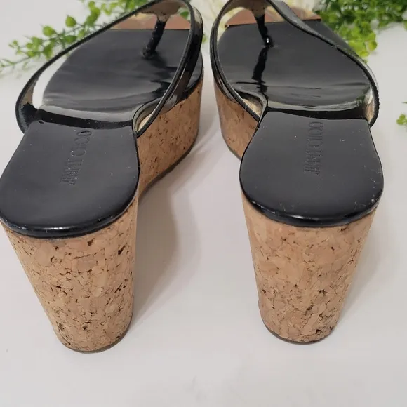 Jimmy Choo patent leather black thong slip-on cork wedge sandals women's size 38