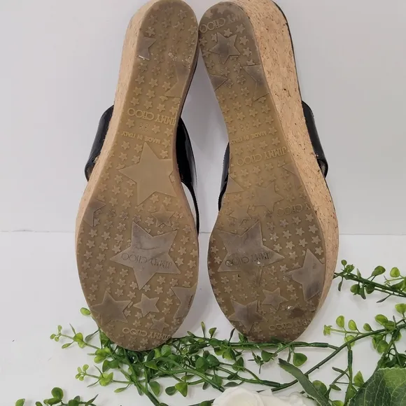 Jimmy Choo patent leather black thong slip-on cork wedge sandals women's size 38