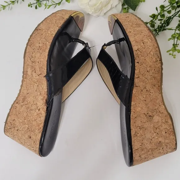 Jimmy Choo patent leather black thong slip-on cork wedge sandals women's size 38