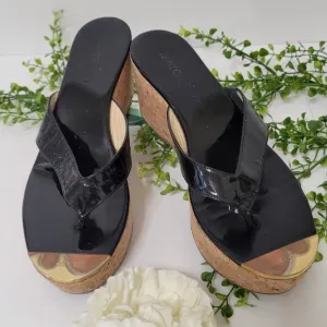 Jimmy Choo patent leather black thong slip-on cork wedge sandals women's size 38