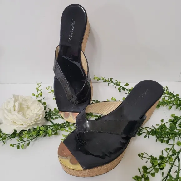 Jimmy Choo patent leather black thong slip-on cork wedge sandals women's size 38