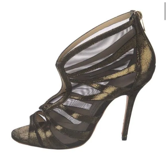 Jimmy Choo Peep Toe Bootie Sandal Show Metallic Gold Black Stiletto Rare EU 41