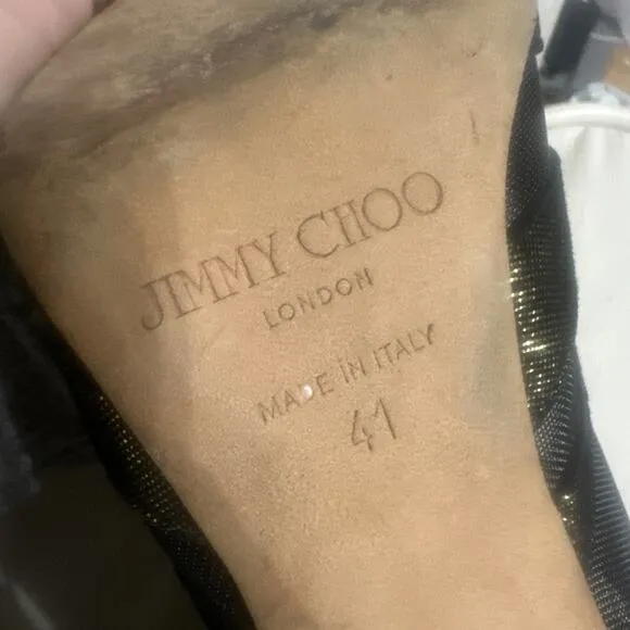 Jimmy Choo Peep Toe Bootie Sandal Show Metallic Gold Black Stiletto Rare EU 41