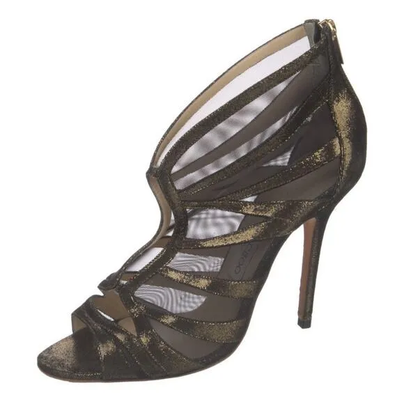 Jimmy Choo Peep Toe Bootie Sandal Show Metallic Gold Black Stiletto Rare EU 41
