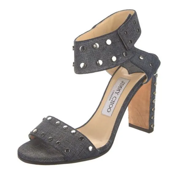Jimmy Choo Veto 100 Denim Silver Studded Sandals Mid Blue Size EU 37/US 7 $895
