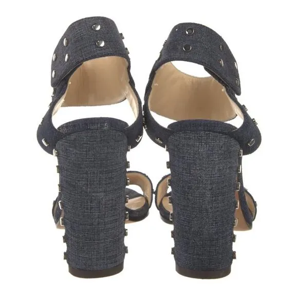 Jimmy Choo Veto 100 Denim Silver Studded Sandals Mid Blue Size EU 37/US 7 $895