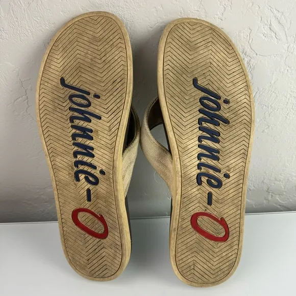 Johnnie O Sandals Portside Flip Flop Shoes Slip On Canvas Beach Casual Tan Khaki