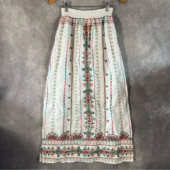Johnny Was Maxi Skirt Women Medium Verena White Side Slit Embroidered Linen $320