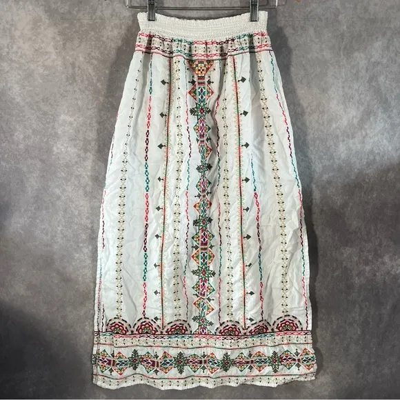 Johnny Was Maxi Skirt Women Medium Verena White Side Slit Embroidered Linen $320