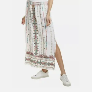 Johnny Was Maxi Skirt Women Medium Verena White Side Slit Embroidered Linen $320