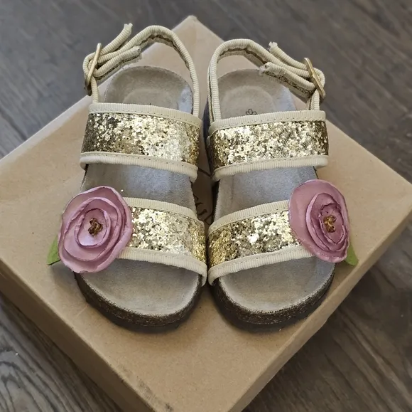Joyfolie Gold Glitter Sandals with Pink Flower Sz 6