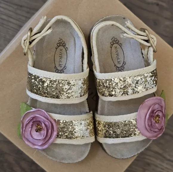 Joyfolie Gold Glitter Sandals with Pink Flower Sz 6
