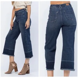 Judy Blue Dark Blue Wide Leg Wide Release Raw Hem Crop Jeans 18W